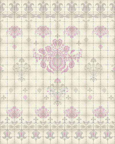 Tapet cu design floral si geometric, in nuante pastelate de roz si gri, pentru un decor elegant si modern.