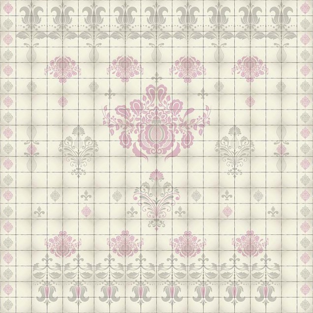 Tapet cu design floral si geometric, in nuante pastelate de roz si gri, pentru un decor elegant si modern.