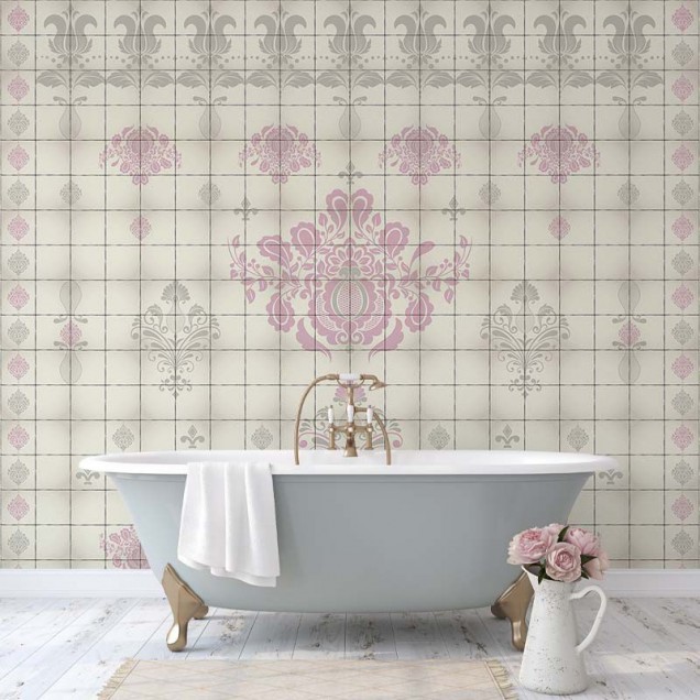 Tapet cu design floral si geometric, in nuante pastelate de roz si gri, pentru un decor elegant si modern.