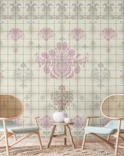 Tapet cu design floral si geometric, in nuante pastelate de roz si gri, pentru un decor elegant si modern.