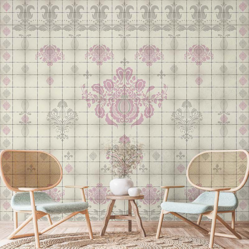 Tapet cu design floral si geometric, in nuante pastelate de roz si gri, pentru un decor elegant si modern.