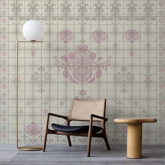 Tapet cu design floral si geometric, in nuante pastelate de roz si gri, pentru un decor elegant si modern.