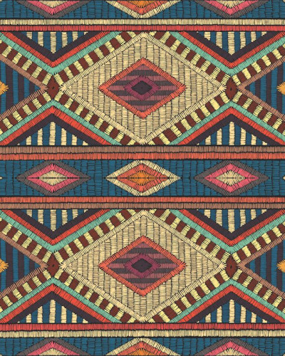 Tapet cu design geometric vibrant, inspirat de culturile indigene, cu nuanțe de roșu, galben, albastru și verde