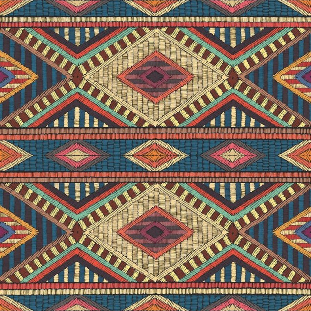 Tapet cu design geometric vibrant, inspirat de culturile indigene, cu nuanțe de roșu, galben, albastru și verde