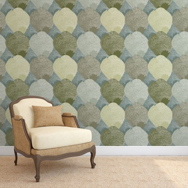 Tapet cu model floral elegant in nuante de verde, albastru si bej