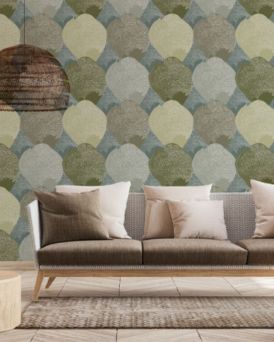 Tapet cu model floral elegant in nuante de verde, albastru si bej