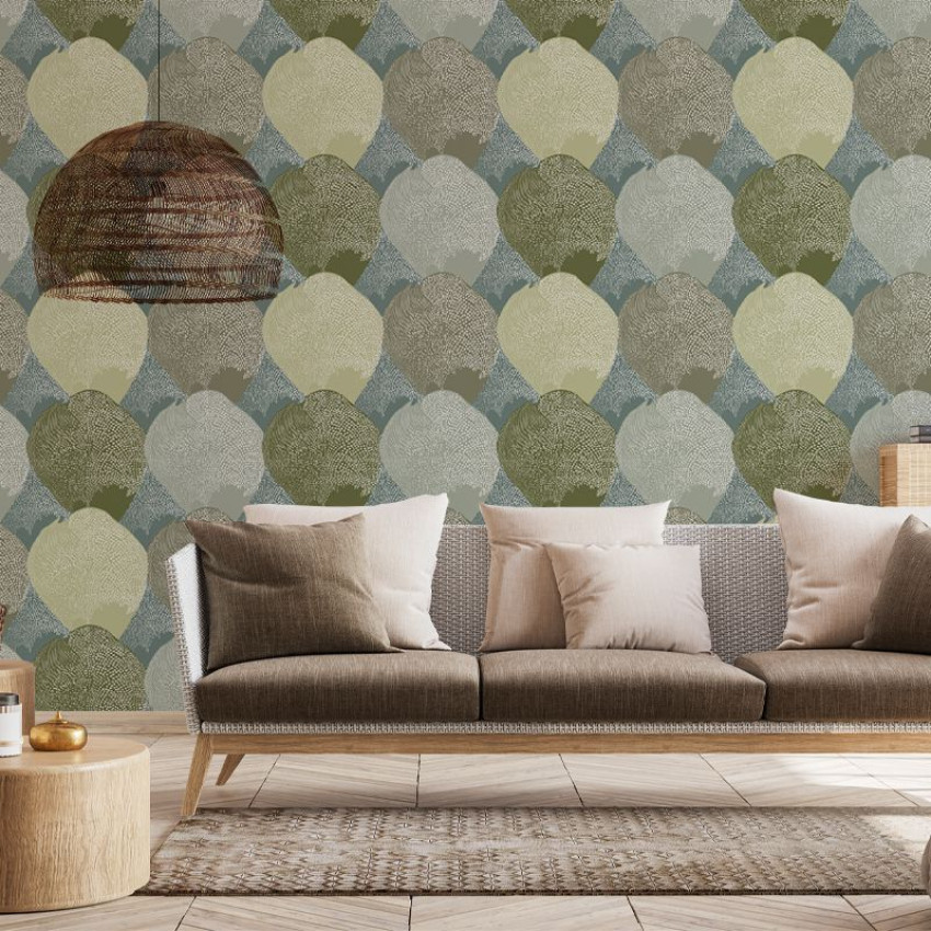 Tapet cu model floral elegant in nuante de verde, albastru si bej