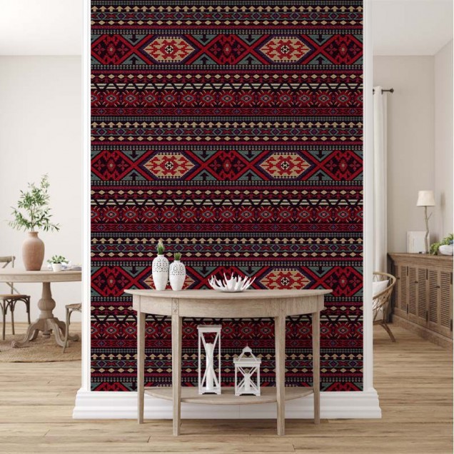 Tapet geometric vibrant, inspirat de motive tradiționale.