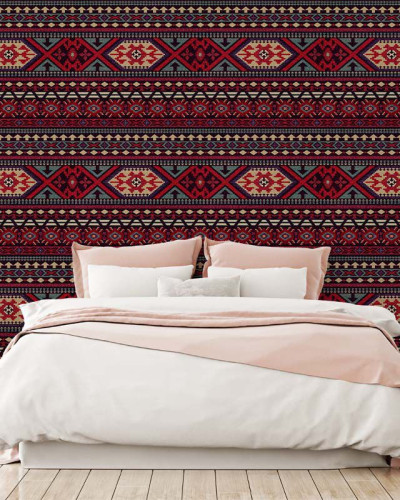 Tapet geometric vibrant, inspirat de motive tradiționale.