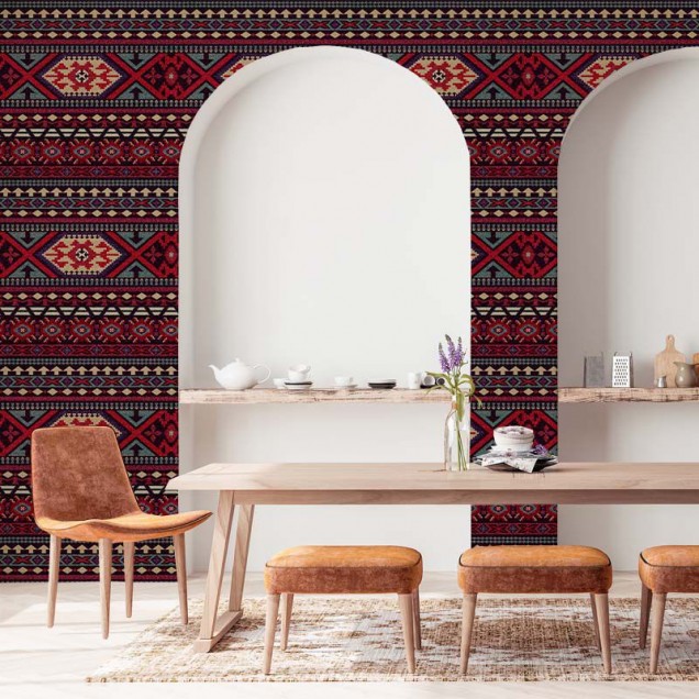 Tapet geometric vibrant, inspirat de motive tradiționale.