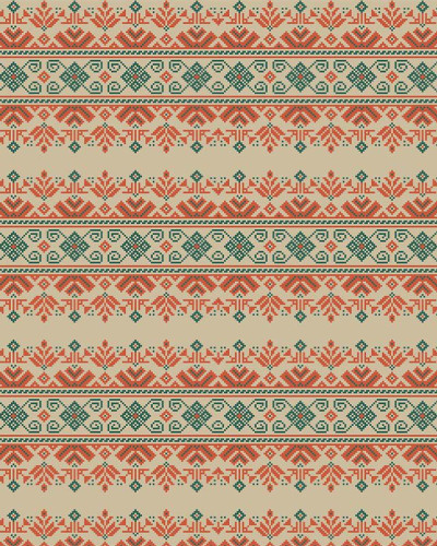 Pastel traditional romanesc cu motive florale și geometrice, în culori pastelate, pe un fundal bej.