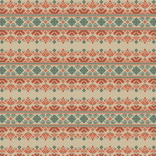 Pastel traditional romanesc cu motive florale și geometrice, în culori pastelate, pe un fundal bej.