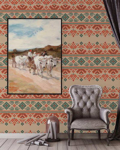 Pastel traditional romanesc cu motive florale și geometrice, în culori pastelate, pe un fundal bej.