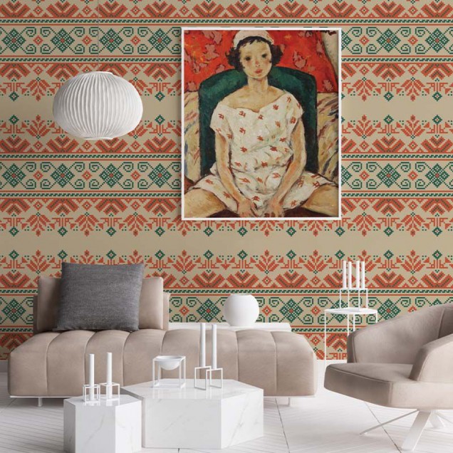 Pastel traditional romanesc cu motive florale și geometrice, în culori pastelate, pe un fundal bej.