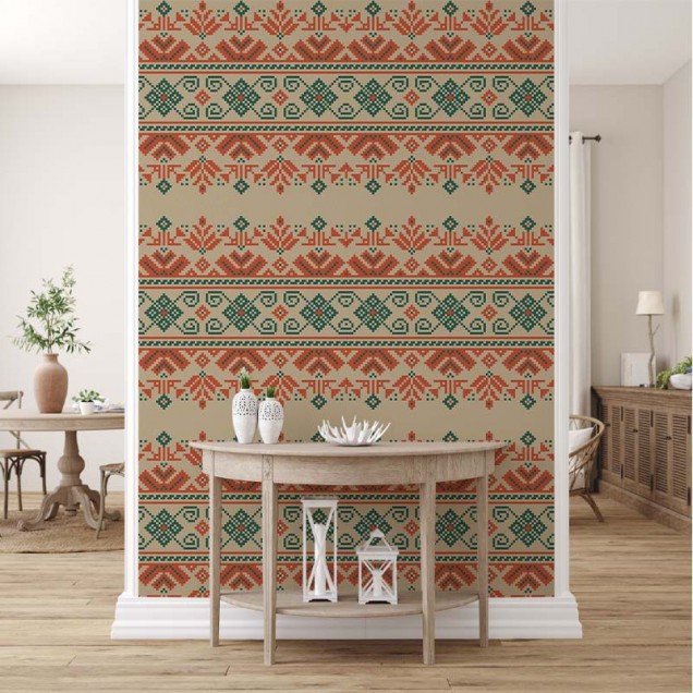 Pastel traditional romanesc cu motive florale și geometrice, în culori pastelate, pe un fundal bej.