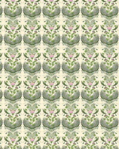 Tapet cu design floral, cu frunze verzi delicate și flori roz, perfect pentru a crea o atmosferă relaxantă și primitoare în orice cameră.