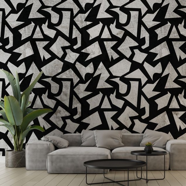 Tapet geometric grunge cu design abstract în gri și negru