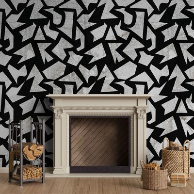 Tapet geometric grunge cu design abstract în gri și negru