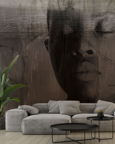Tapet minimalist cu design abstract, o față parțial ascunsă, creând o atmosferă misterioasă și plină de farmec.