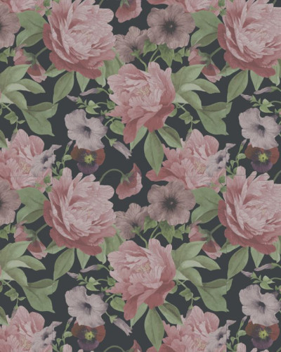 Tapet Soft Flowers cu flori roz delicate pe fundal negru