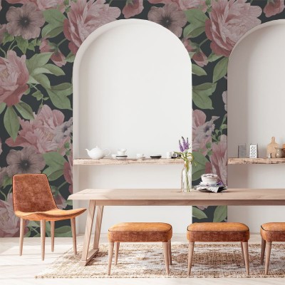 Tapet Soft Flowers cu flori roz delicate pe fundal negru