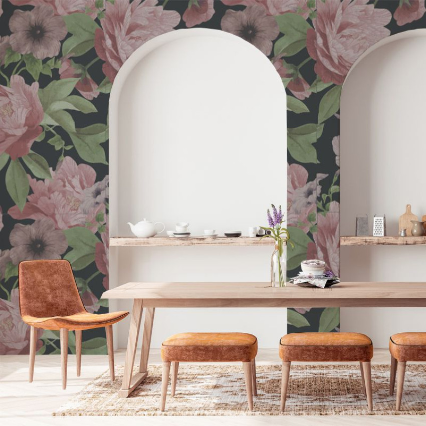 Tapet Soft Flowers cu flori roz delicate pe fundal negru