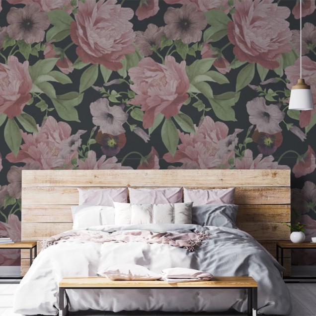 Tapet Soft Flowers cu flori roz delicate pe fundal negru
