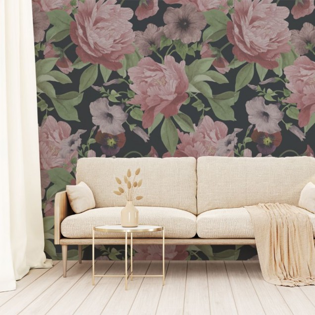 Tapet Soft Flowers cu flori roz delicate pe fundal negru