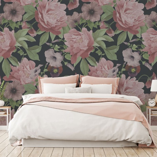Tapet Soft Flowers cu flori roz delicate pe fundal negru