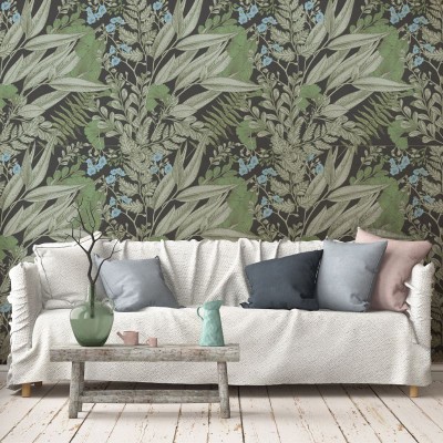 Green Flowers, tapet cu frunze verzi și flori albastre pe fond maro