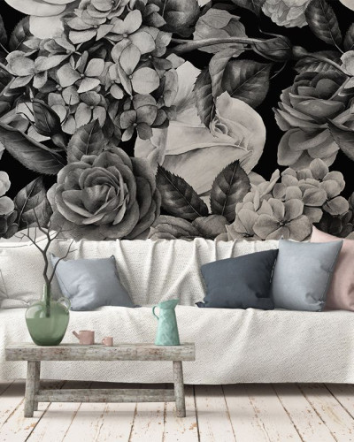 Tapet floral modern în nuanțe de gri și negru, cu flori delicate de trandafiri și hortensie.