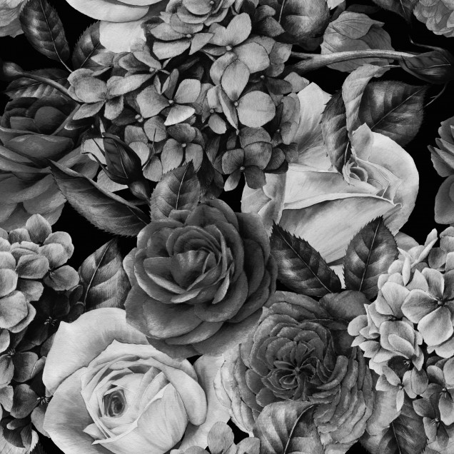 Tapet floral modern în nuanțe de gri și negru, cu flori delicate de trandafiri și hortensie.