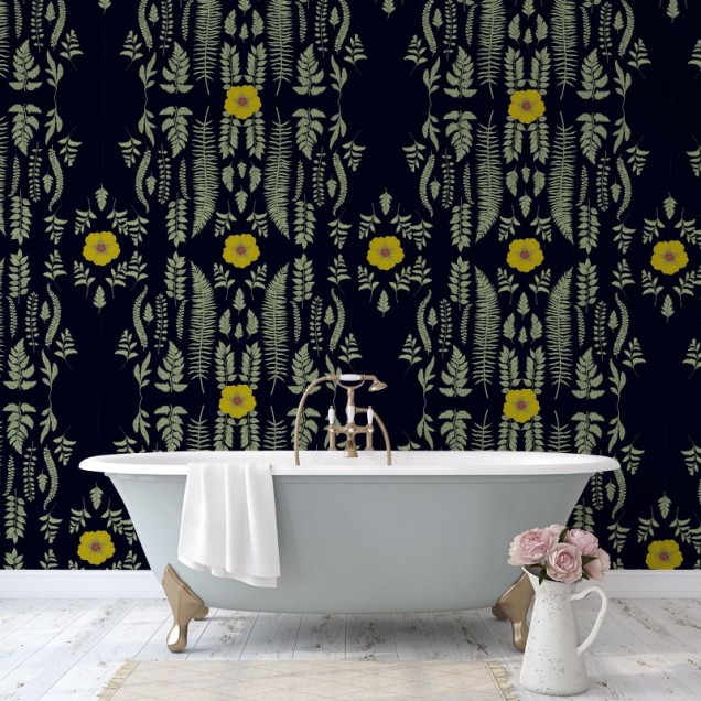 Tapet floral cu design minimalist cu frunze și flori delicate pe un fundal negru
