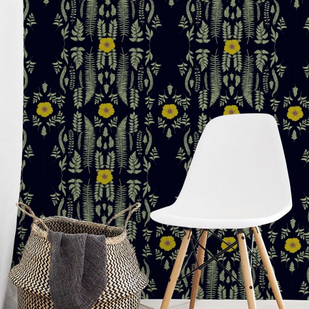 Tapet floral cu design minimalist cu frunze și flori delicate pe un fundal negru