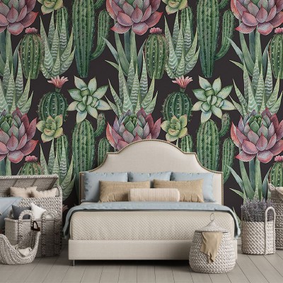 Tapet cu suculente, design modern și elegant, perfect pentru decorarea dormitorului.