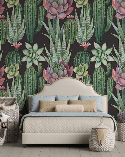 Tapet cu suculente, design modern și elegant, perfect pentru decorarea dormitorului.