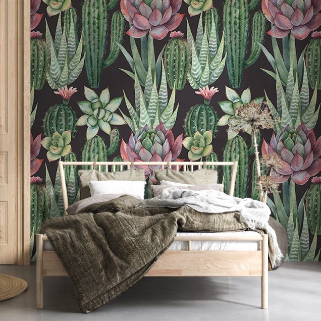 Tapet cu suculente, design modern și elegant, perfect pentru decorarea dormitorului.