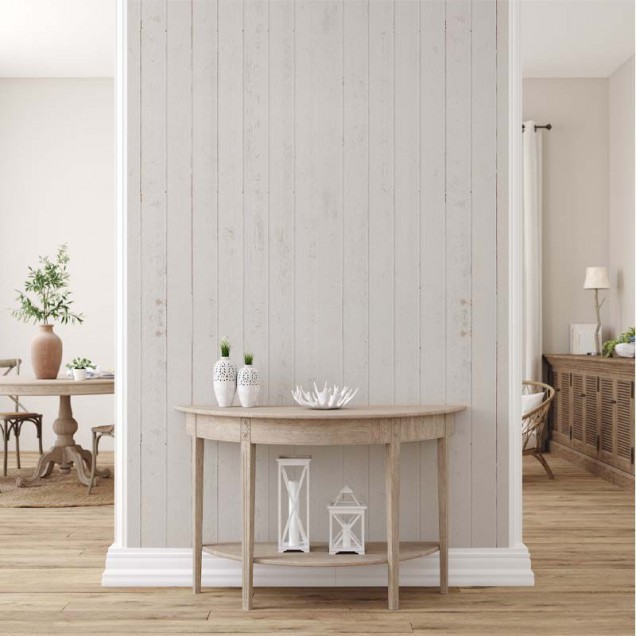 Tapet The White Cottage cu aspect lemn alb, perfect pentru dormitor