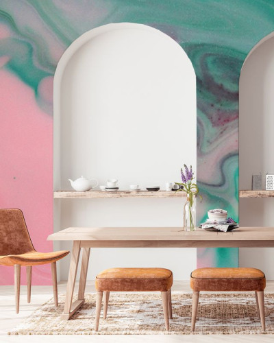 Green contrast tapet cu design abstract, nuante de verde, roz si violet.