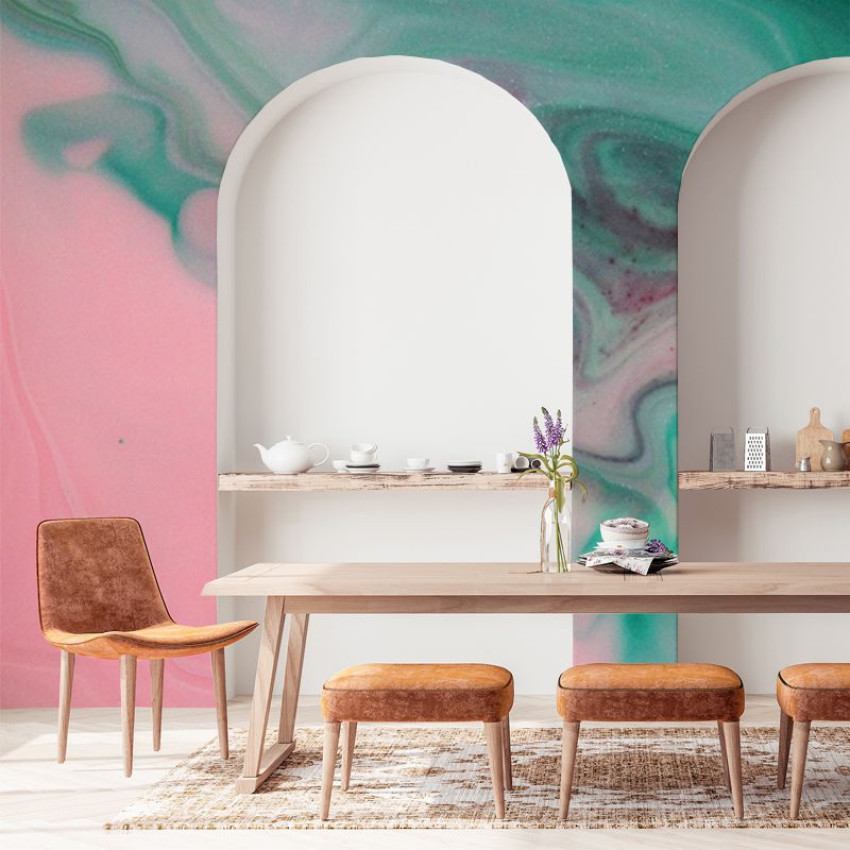 Green contrast tapet cu design abstract, nuante de verde, roz si violet.