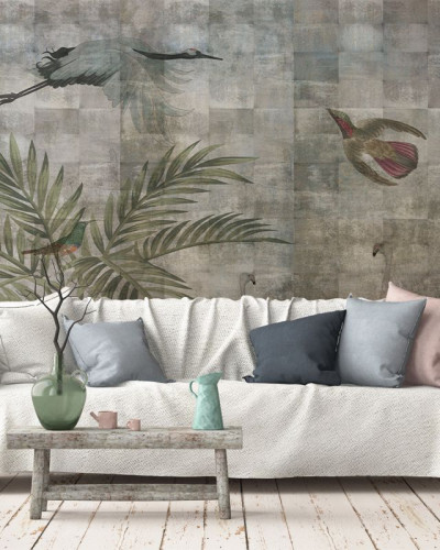 Tapet cu păsări și motive grunge, design modern și elegant.
