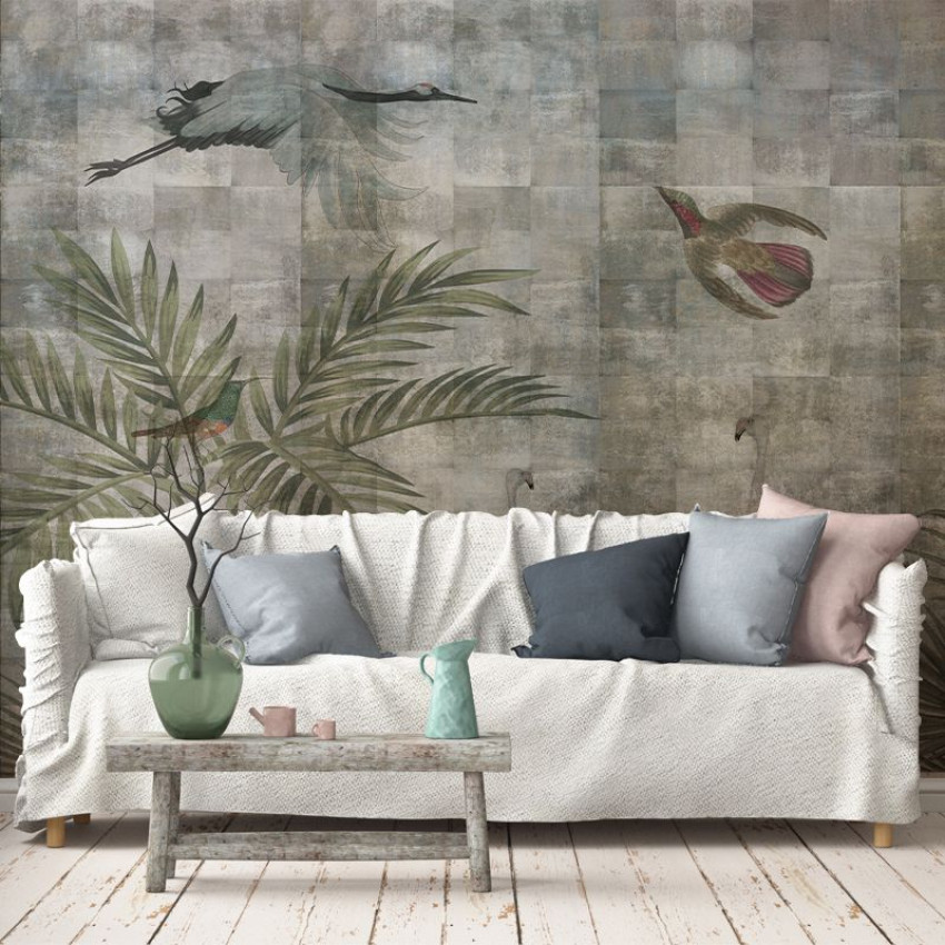 Tapet cu păsări și motive grunge, design modern și elegant.