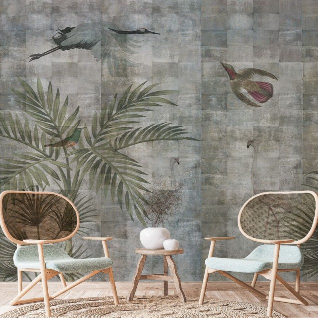 Tapet cu păsări și motive grunge, design modern și elegant.