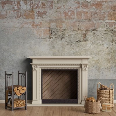 Tapet cu imagine de șemineu pe fundal de cărămidă neuniformă, pentru un decor rustic sau industrial.