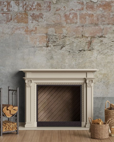 Tapet cu imagine de șemineu pe fundal de cărămidă neuniformă, pentru un decor rustic sau industrial.