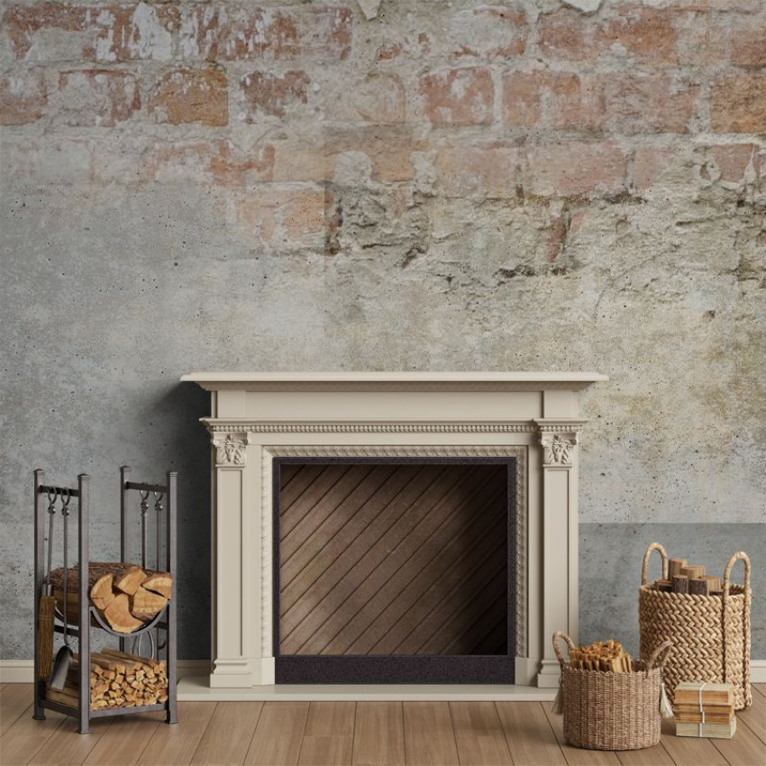 Tapet cu imagine de șemineu pe fundal de cărămidă neuniformă, pentru un decor rustic sau industrial.