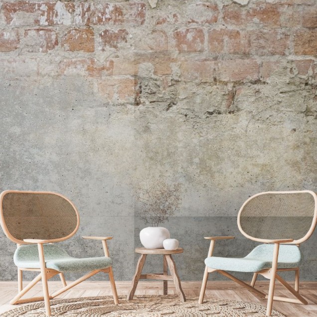 Tapet cu imagine de șemineu pe fundal de cărămidă neuniformă, pentru un decor rustic sau industrial.