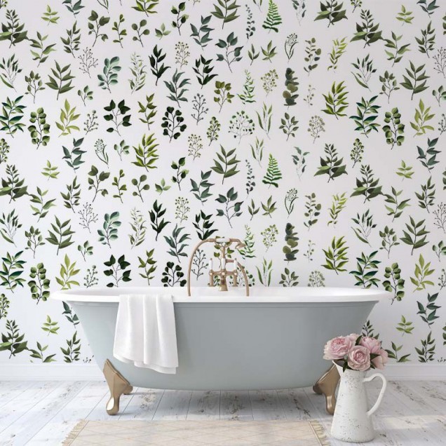 Tapet cu frunze verzi, design minimalist, perfect pentru decorarea livingului, dormitorului sau biroului.