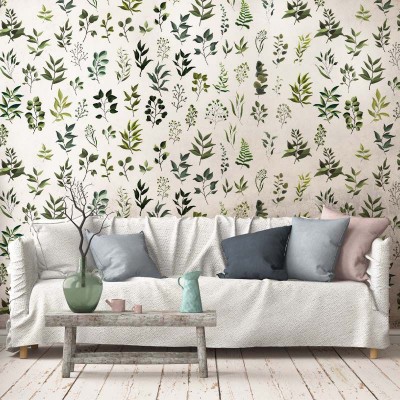 Tapet cu frunze verzi, design minimalist, perfect pentru decorarea livingului, dormitorului sau biroului.
