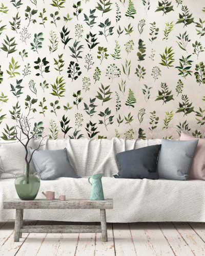 Tapet cu frunze verzi, design minimalist, perfect pentru decorarea livingului, dormitorului sau biroului.